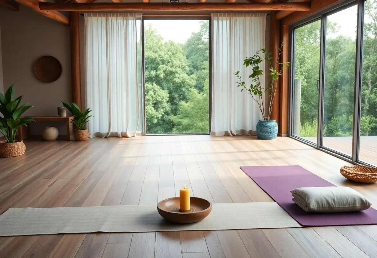 A calm and serene yoga retreat setting with natural elements.