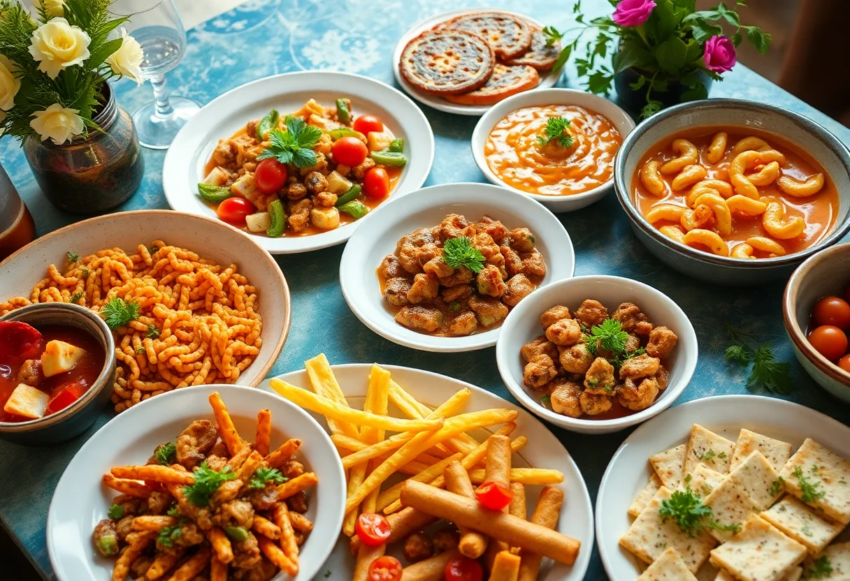 A colorful table spread with various Turkish mezes and appetizers.
