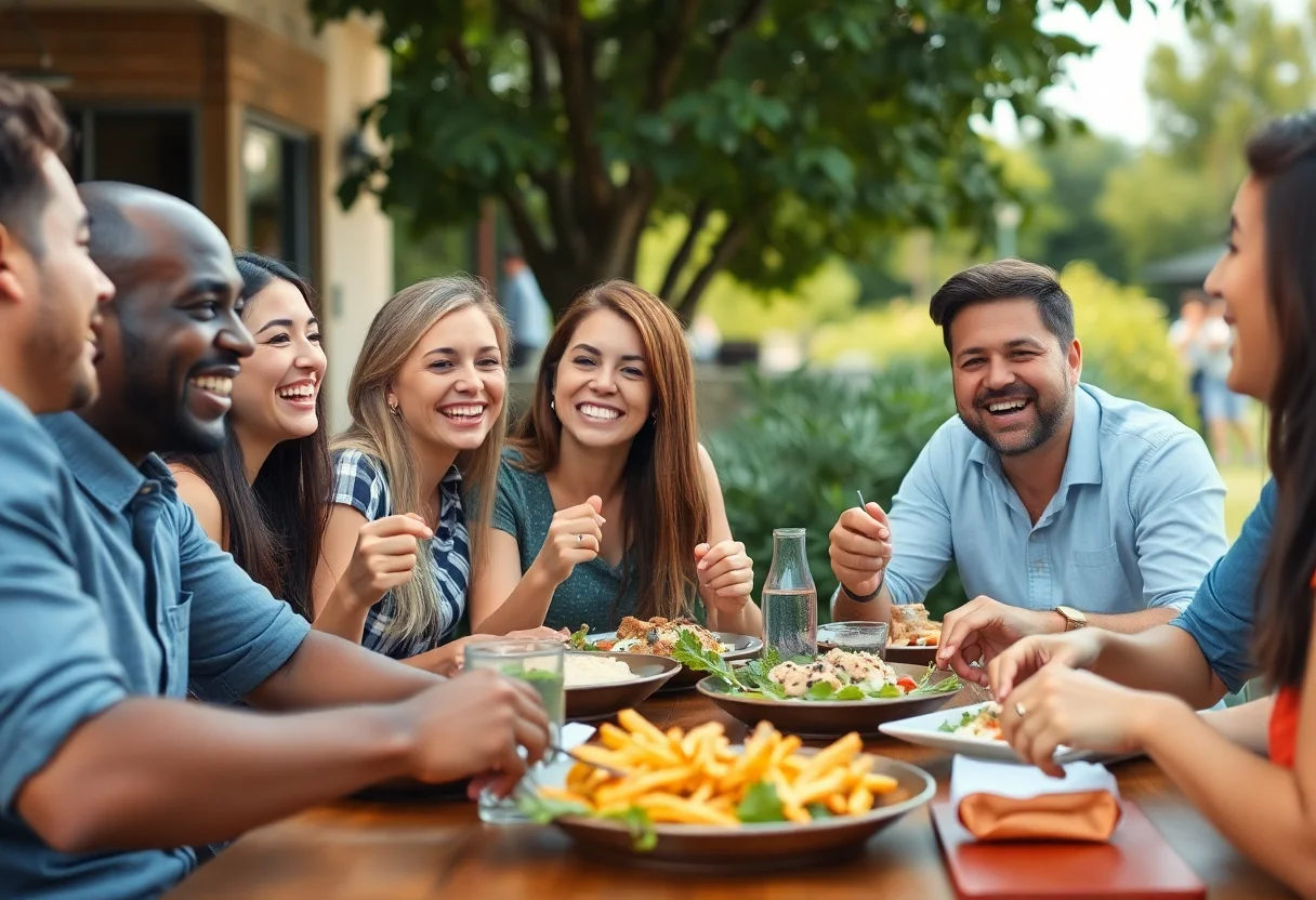 A group of smiling friends sharing a meal together outdoors.