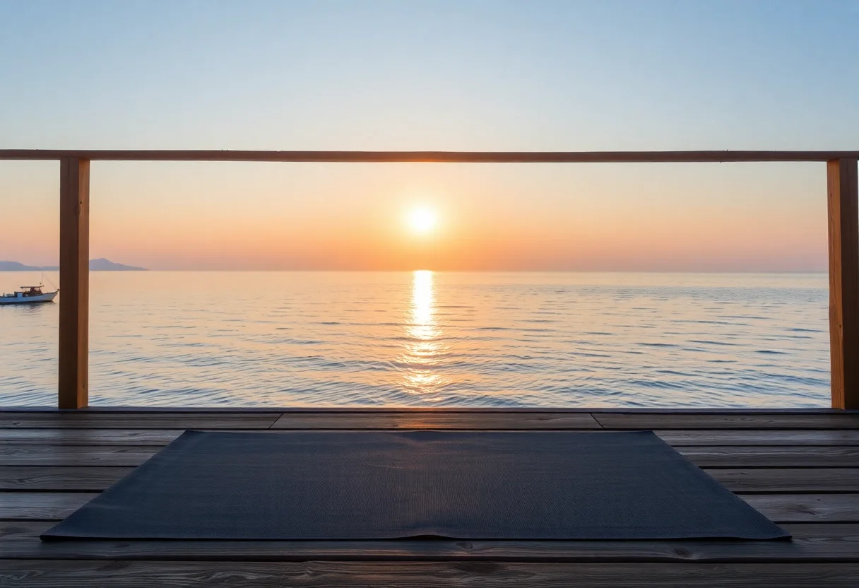 A serene and peaceful yoga mat placed on a wooden deck overlooking a calm sea at sunrise.