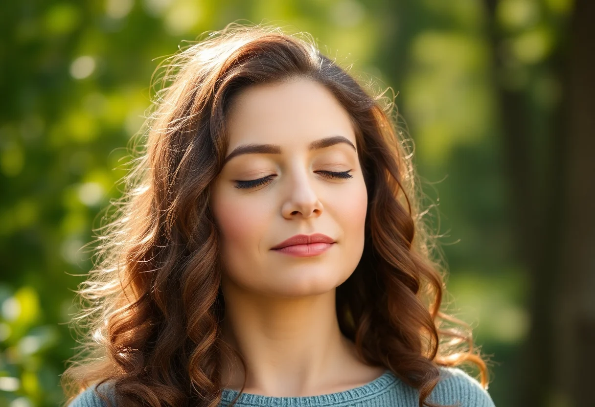 A serene woman with eyes closed, meditating in a peaceful natural setting.