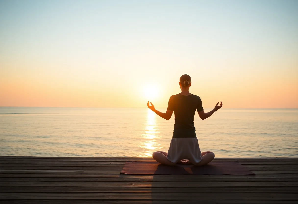 A serene yoga practitioner meditating on a wooden deck overlooking a calm sea at sunrise.