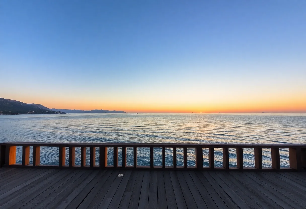 A tranquil view of the Aegean sea from a wooden deck at sunrise.