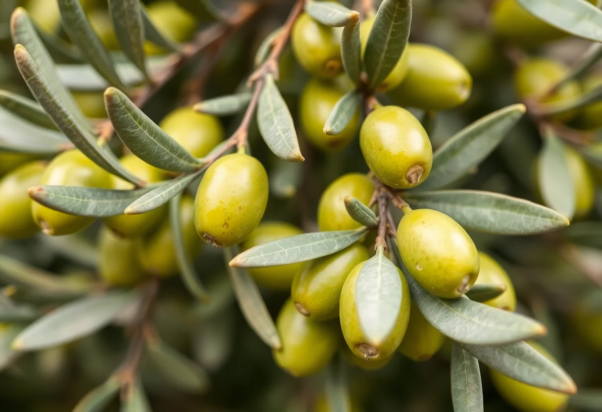 Close-up of olive branches with green olives, symbolizing peace and nature.