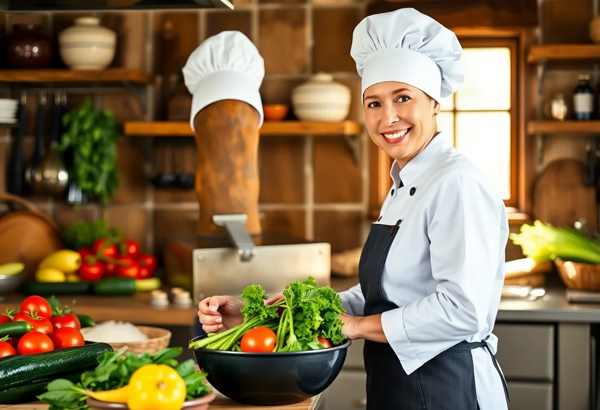 Female chef smiling while preparing fresh vegetables in a rustic kitchen.