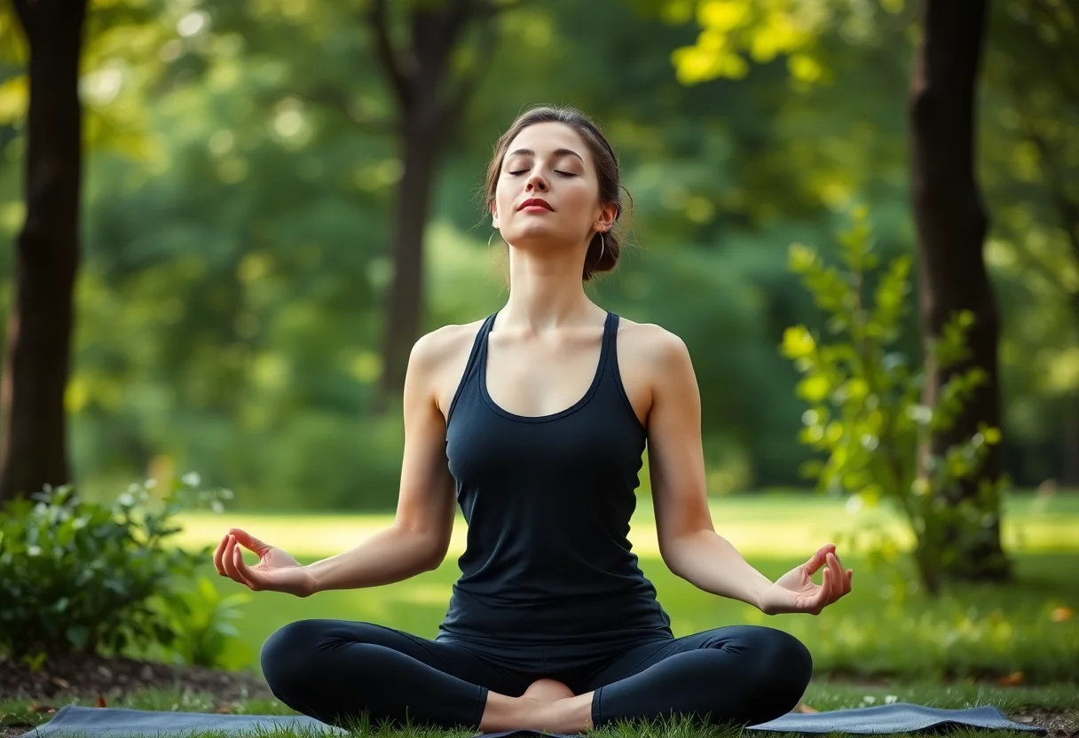 Female yoga instructor meditating with eyes closed in a peaceful setting.