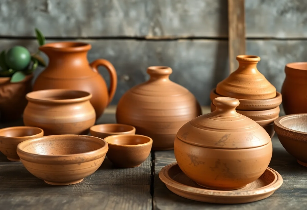 Handmade terracotta pots and bowls on a rustic wooden table.