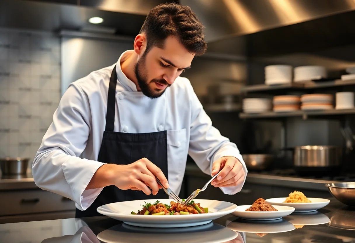 Male chef in a professional kitchen, carefully plating a dish.