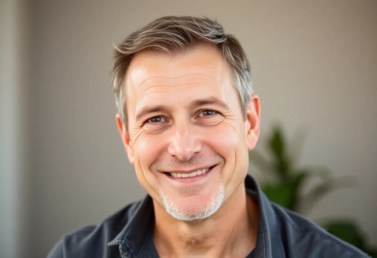 Portrait of a man in his late 40s with short hair and a gentle smile, wearing a casual shirt.