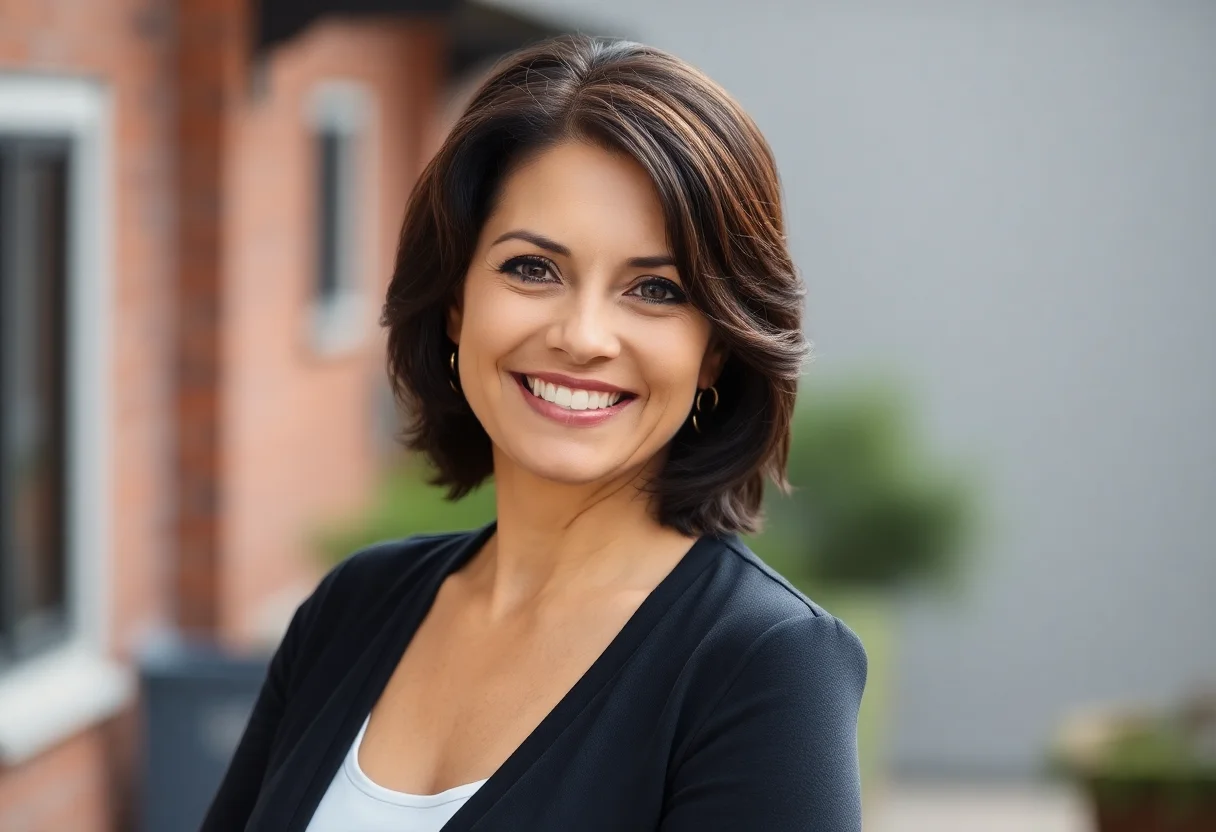 Portrait of a smiling woman in her 40s with dark hair, standing outdoors.