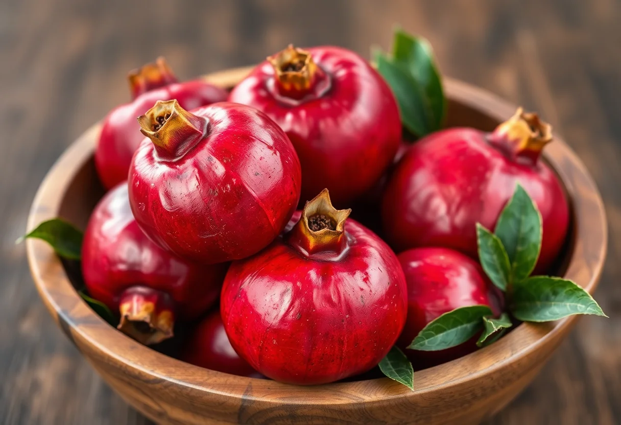 Ripe pomegranates in a rustic wooden bowl, symbolizing natural abundance and security.