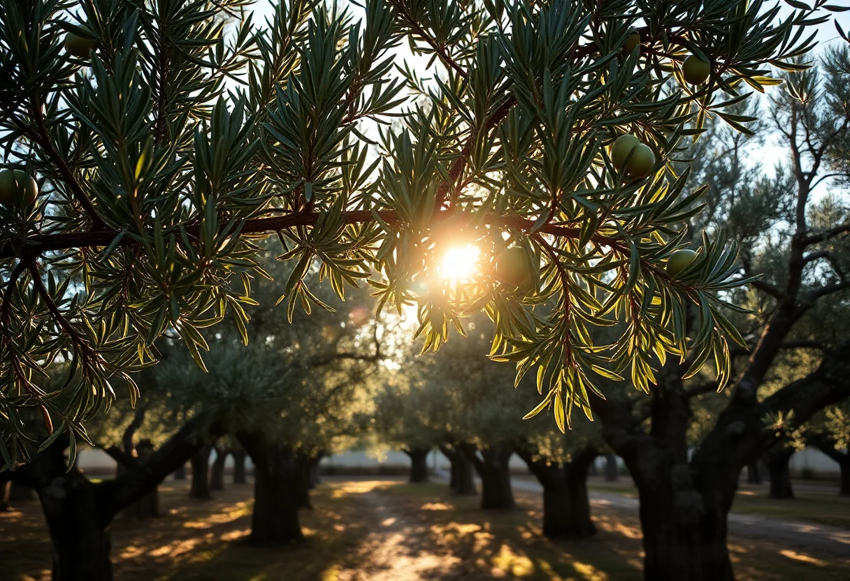 Sunlight filtering through the leaves of an ancient olive grove.